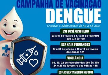 SANTA RITA DO PARDO ENCERRA NO DIA 25/02 A VACINAÇÃO CONTRA DENGUE PARA CRIANÇAS E ADOLESCENTES ENTRE 10 Á 14 ANOS