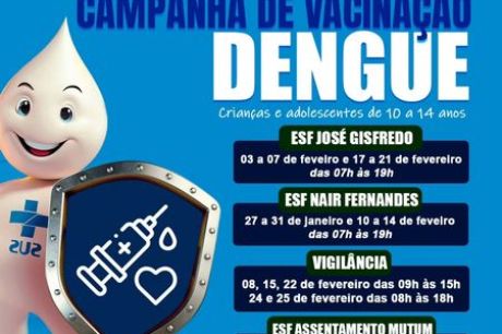 SANTA RITA DO PARDO ENCERRA NO DIA 25/02 A VACINAÇÃO CONTRA DENGUE PARA CRIANÇAS E ADOLESCENTES ENTRE 10 Á 14 ANOS